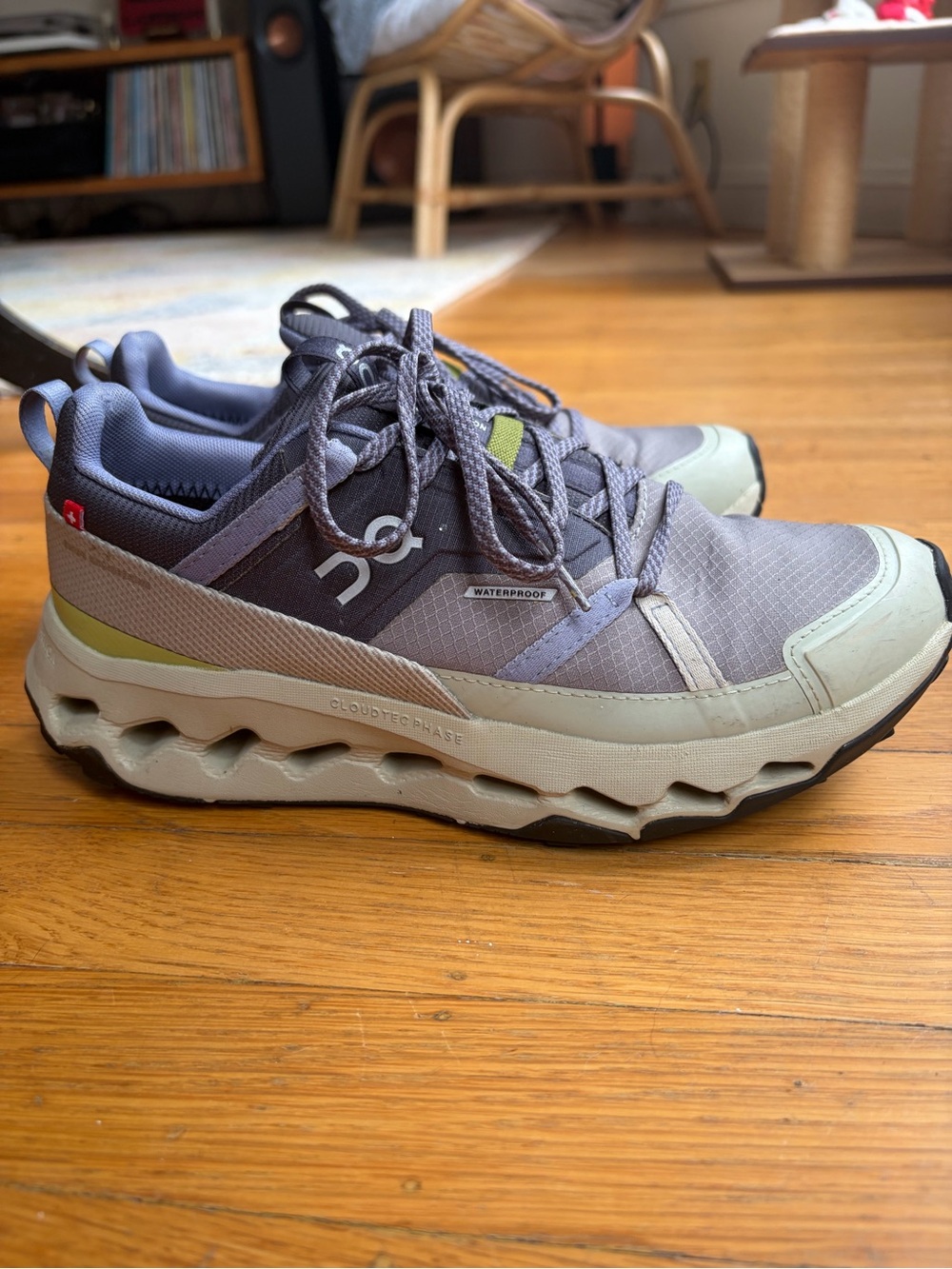 On Running Women's Lavender Gray Lace-Up Sneakers with Lime Trim